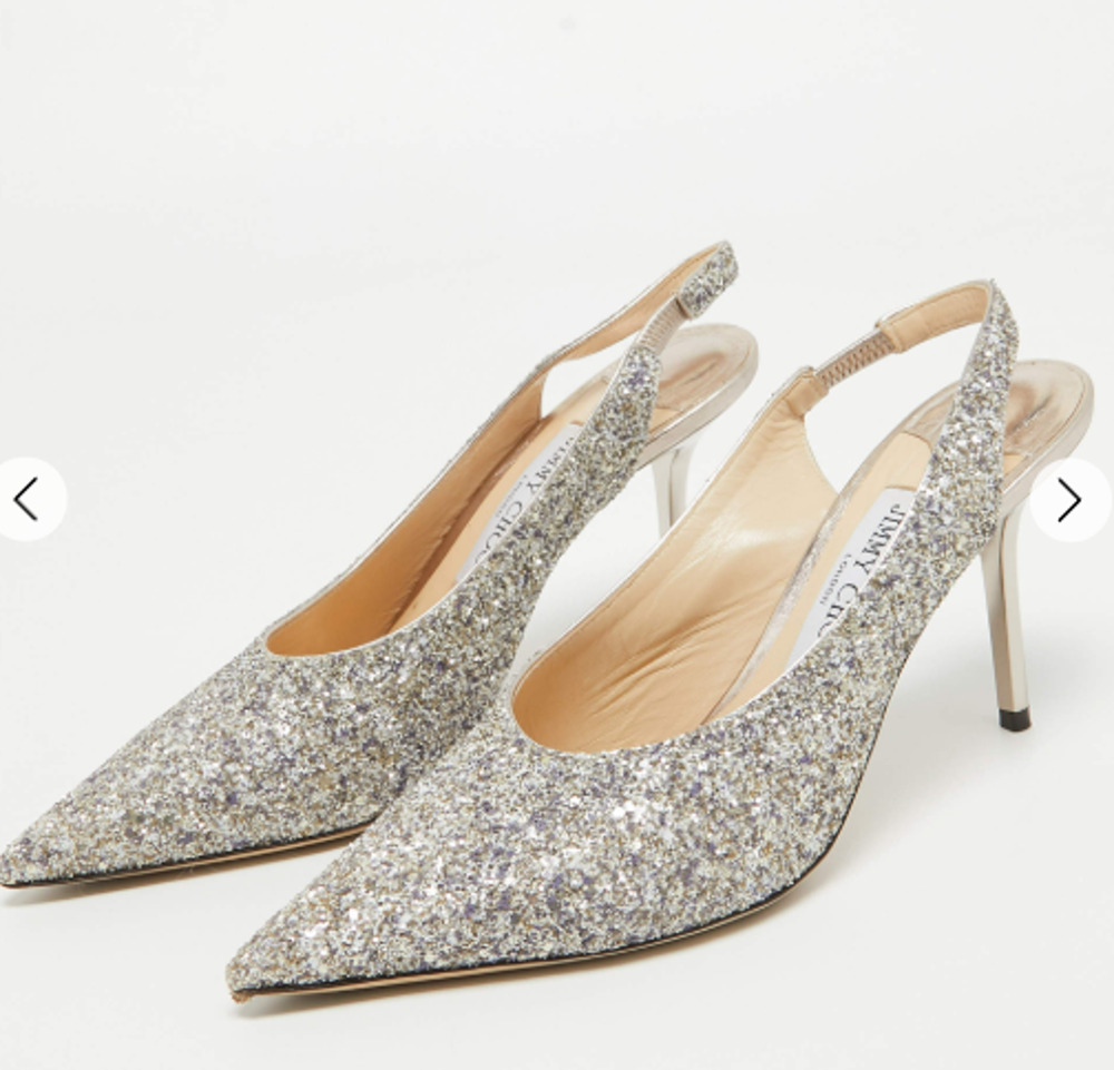 Jimmy Choo Metallic Glitter Ivy Pointed Toe Slingback Pumps Silver Women's EU 40